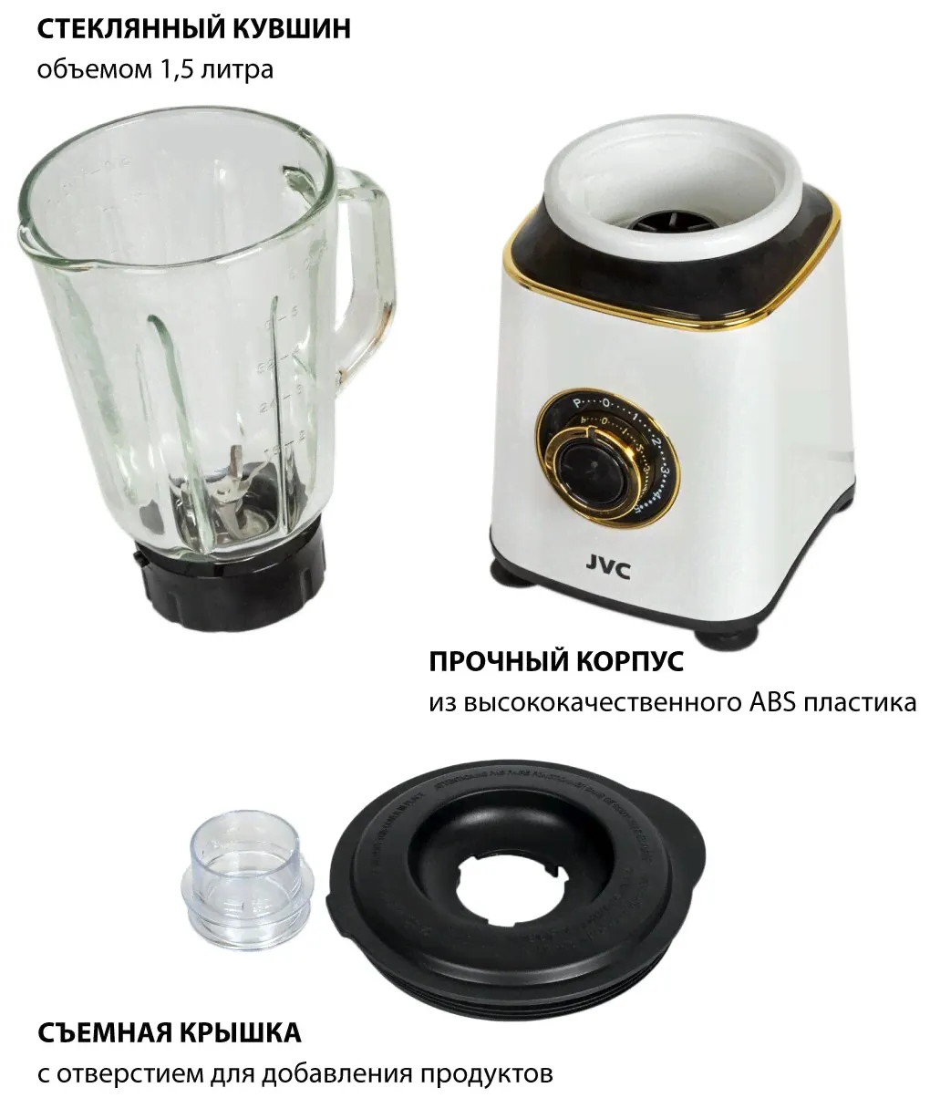 Блендер стационарный JVC с импульсным режимом, 5 скоростей, стеклянный кувшин 1,5 л, ножи из нержавеющей стали, 750 Вт-1